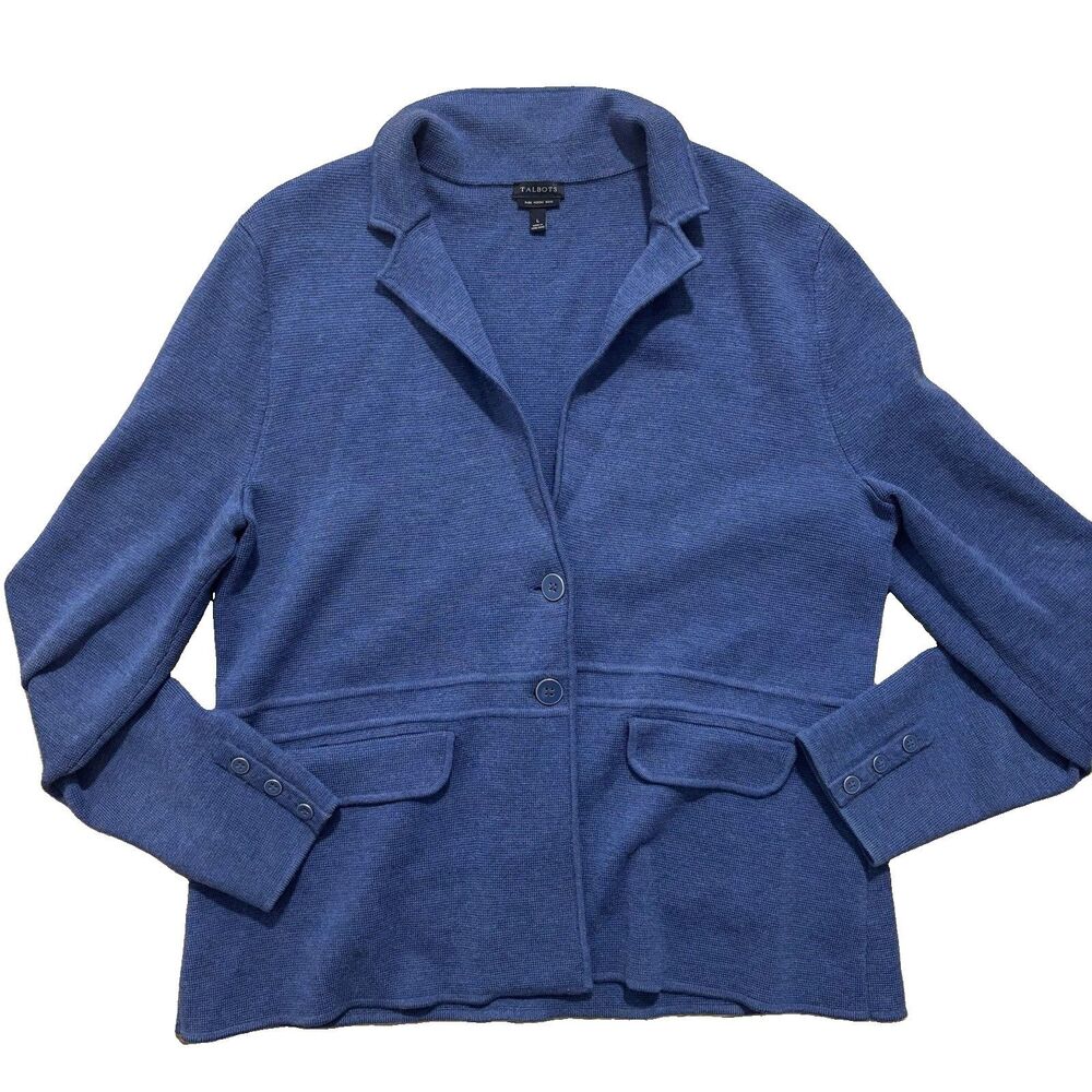 Talbots Blazer Womens Large Blue 100% Merino Wool Knit Cardigan Sweater Button